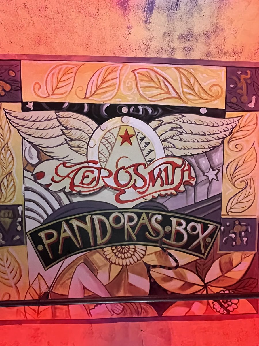 Hand-painted ceiling art at Tatsav restaurant